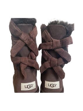 UGG Boots Bailey Bow Corduroy Chocolate Brown Womens Sz 5 Suede Leather Mid Calf